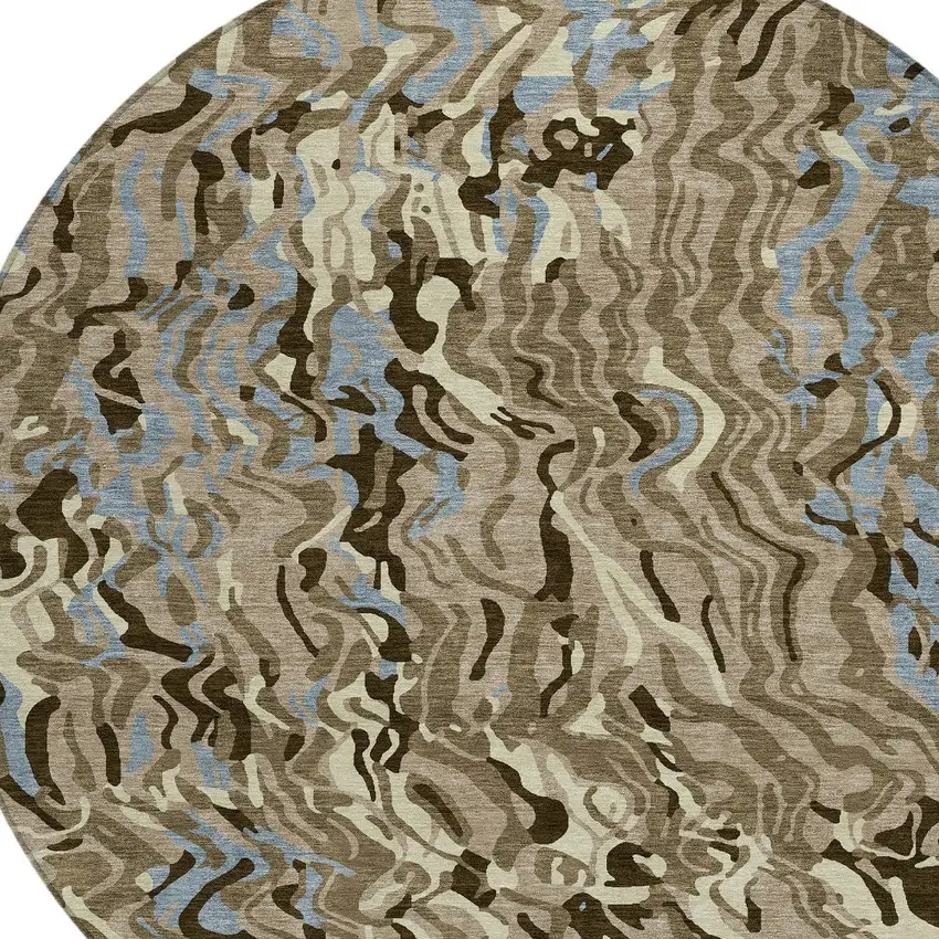 8' Taupe Brown And Beige Round Abstract Washable Indoor Outdoor Area Rug Photo 4