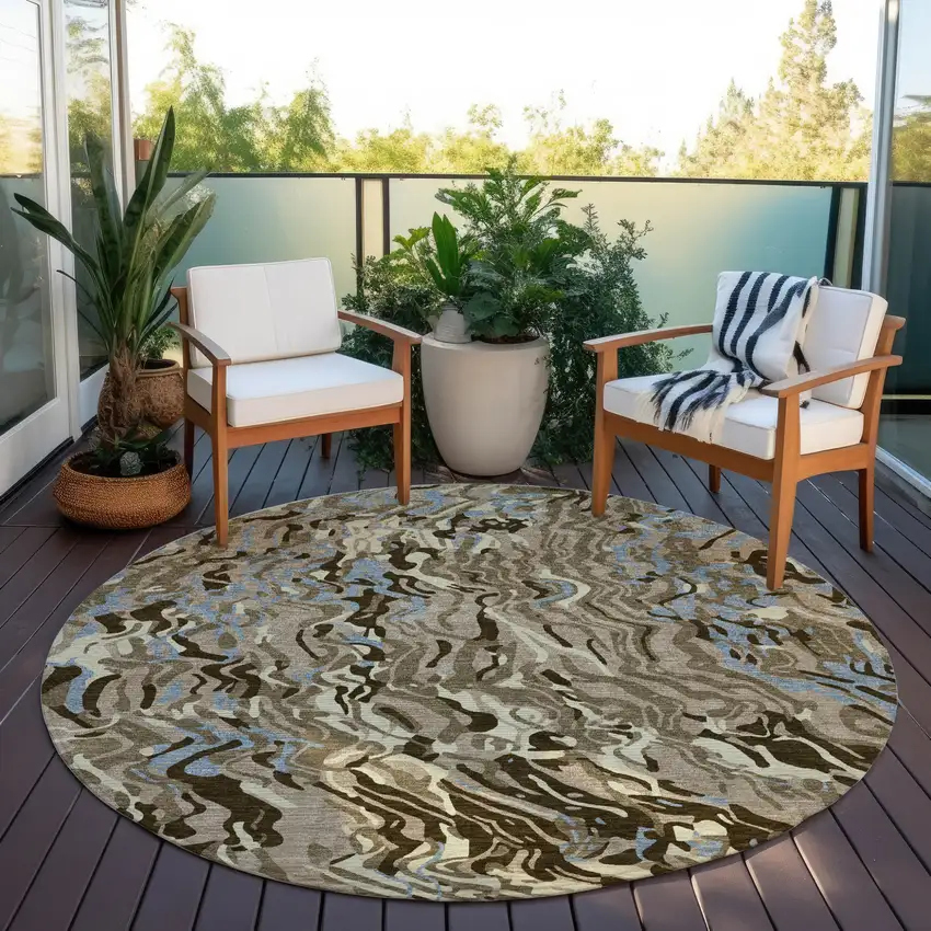 8' Taupe Brown And Beige Round Abstract Washable Indoor Outdoor Area Rug Photo 6