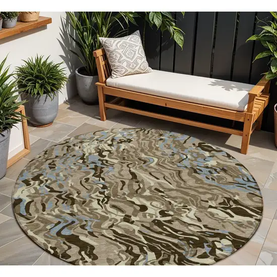 8' Taupe Brown And Beige Round Abstract Washable Indoor Outdoor Area Rug Photo 1