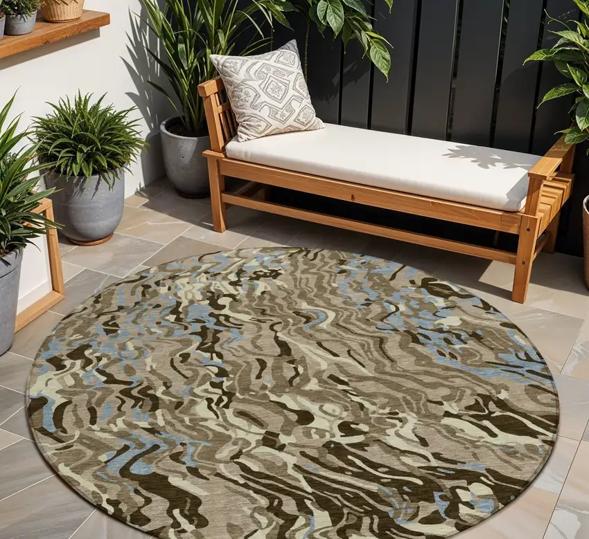 8' Taupe Brown And Beige Round Abstract Washable Indoor Outdoor Area Rug Photo 1