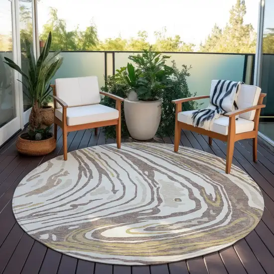 8' Taupe Brown And Beige Round Abstract Washable Indoor Outdoor Area Rug Photo 8
