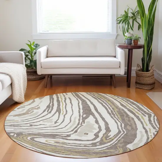 8' Taupe Brown And Beige Round Abstract Washable Indoor Outdoor Area Rug Photo 9