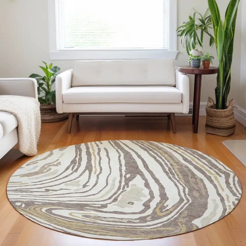 8' Taupe Brown And Beige Round Abstract Washable Indoor Outdoor Area Rug Photo 9