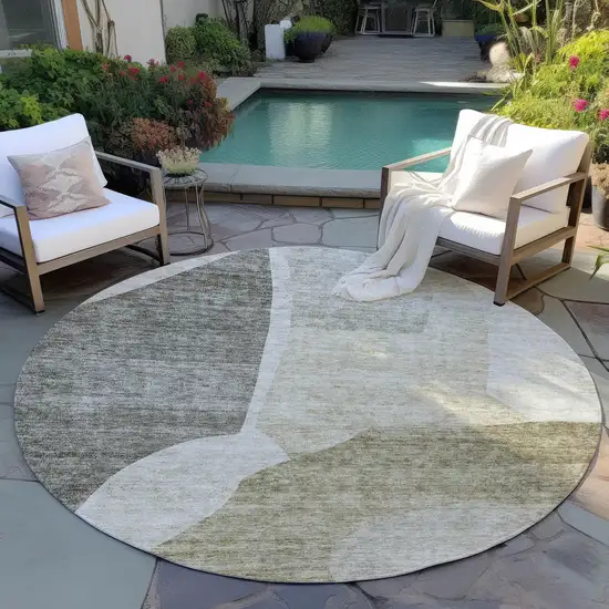 8' Taupe Brown And Beige Round Abstract Washable Indoor Outdoor Area Rug Photo 6