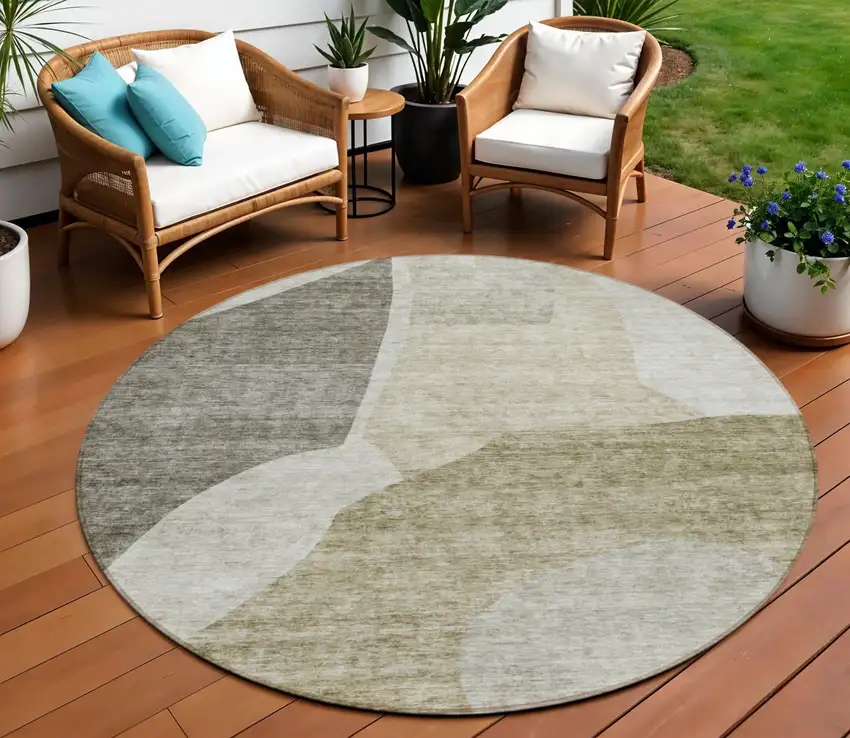 8' Taupe Brown And Beige Round Abstract Washable Indoor Outdoor Area Rug Photo 1