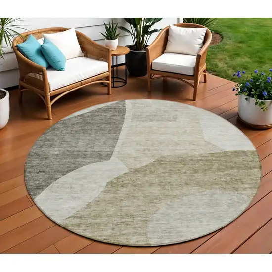 8' Taupe Brown And Beige Round Abstract Washable Indoor Outdoor Area Rug Photo 1