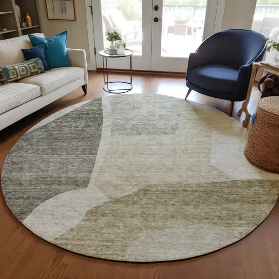 8' Taupe Brown And Beige Round Abstract Washable Indoor Outdoor Area Rug Photo 7