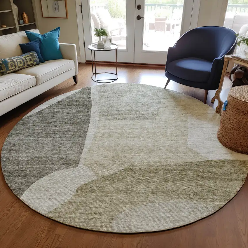8' Taupe Brown And Beige Round Abstract Washable Indoor Outdoor Area Rug Photo 7