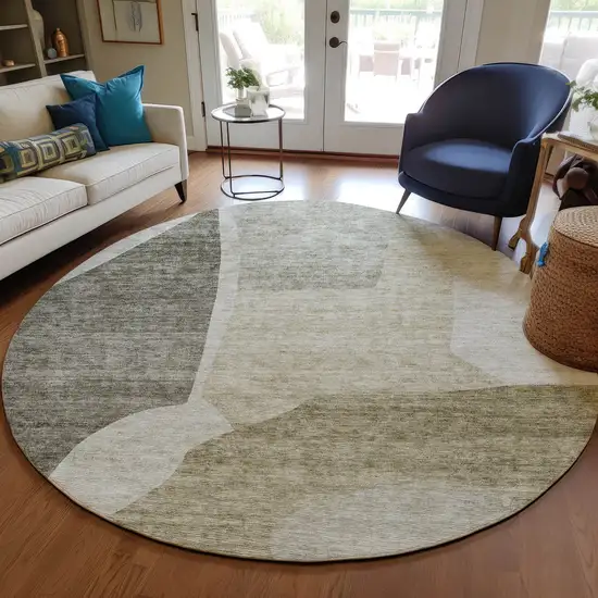 8' Taupe Brown And Beige Round Abstract Washable Indoor Outdoor Area Rug Photo 7