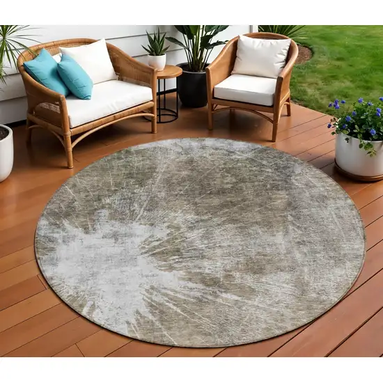 8' Taupe Brown And Beige Round Abstract Washable Indoor Outdoor Area Rug Photo 1