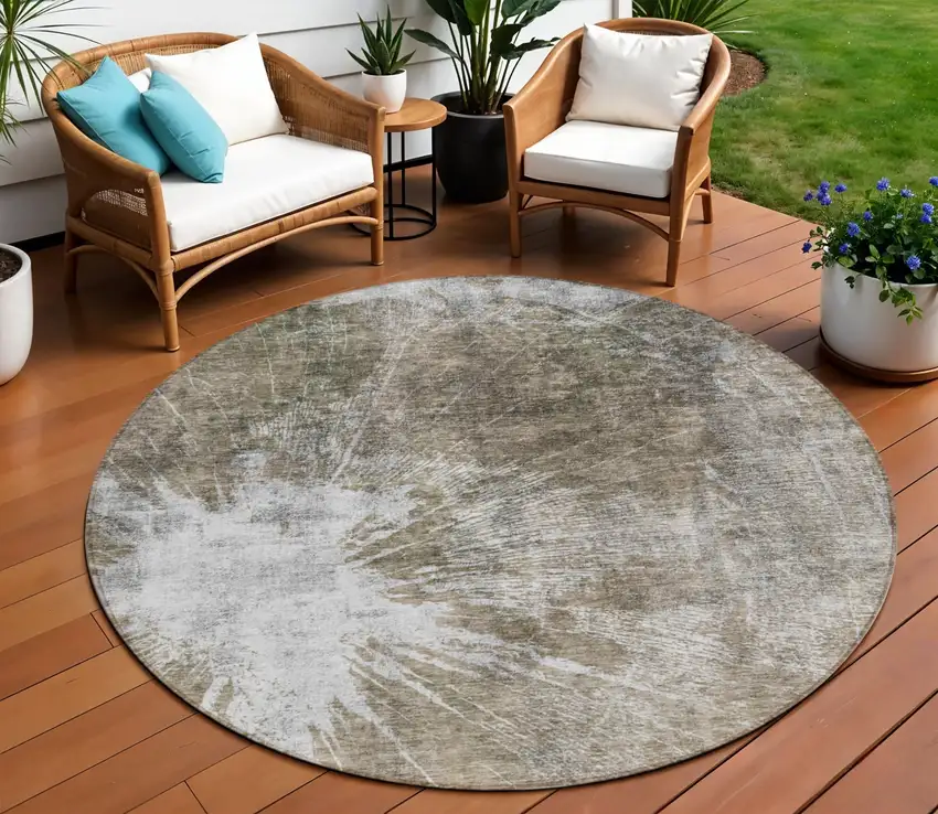 8' Taupe Brown And Beige Round Abstract Washable Indoor Outdoor Area Rug Photo 1
