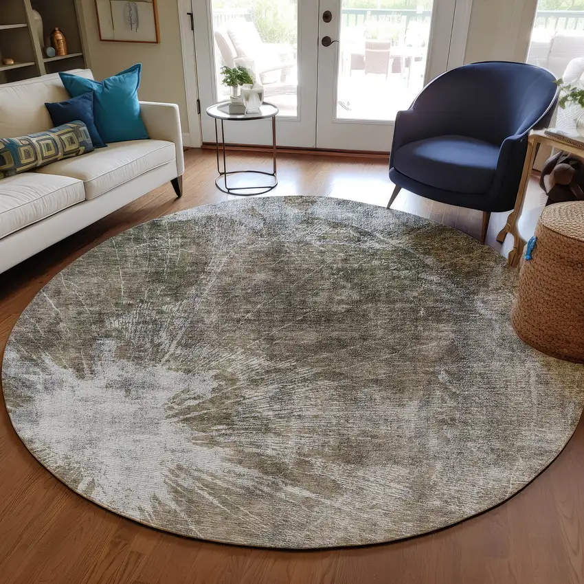 8' Taupe Brown And Beige Round Abstract Washable Indoor Outdoor Area Rug Photo 7