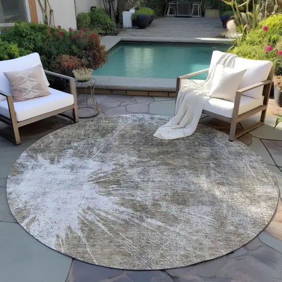 8' Taupe Brown And Beige Round Abstract Washable Indoor Outdoor Area Rug Photo 6