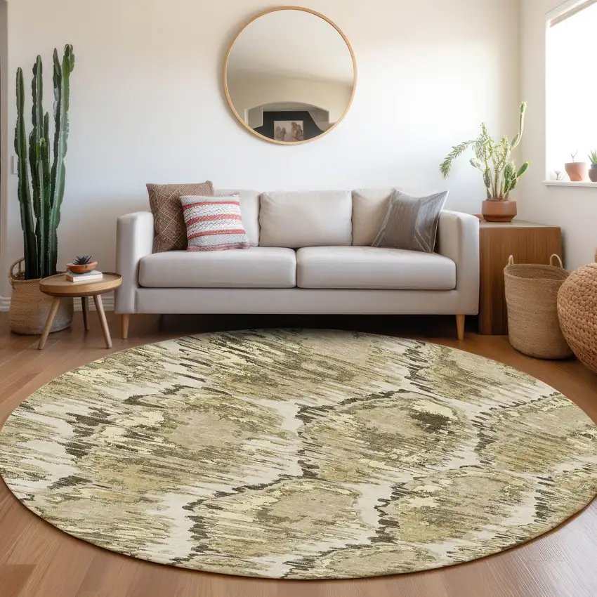 8' Taupe Brown And Beige Round Abstract Washable Indoor Outdoor Area Rug Photo 7