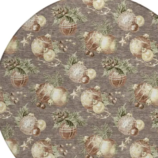 8' Taupe Brown And Beige Round Botanical Leaves Washable Indoor Outdoor Area Rug Photo 8