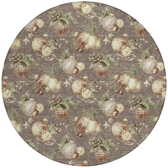 8' Taupe Brown And Beige Round Botanical Leaves Washable Indoor Outdoor Area Rug Photo 3
