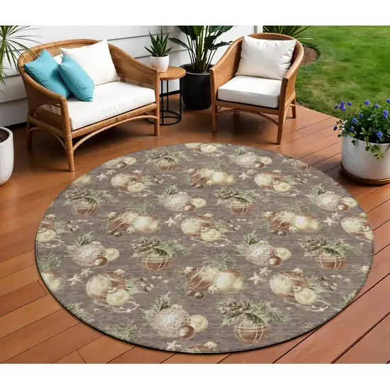 8' Taupe Brown And Beige Round Botanical Leaves Washable Indoor Outdoor Area Rug Photo 2