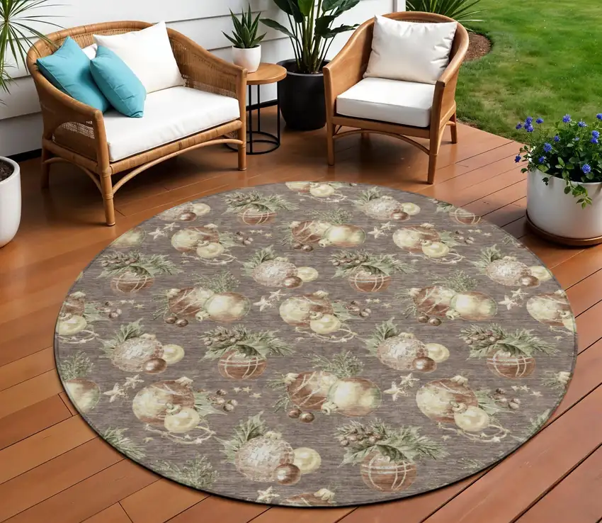 8' Taupe Brown And Beige Round Botanical Leaves Washable Indoor Outdoor Area Rug Photo 2