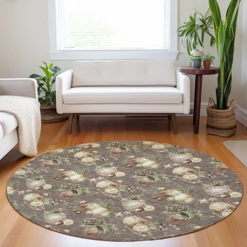 8' Taupe Brown And Beige Round Botanical Leaves Washable Indoor Outdoor Area Rug Photo 6