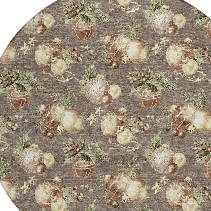 8' Taupe Brown And Beige Round Botanical Leaves Washable Indoor Outdoor Area Rug Photo 4