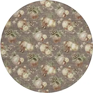 Photo of 8' Taupe Brown And Beige Round Botanical Leaves Washable Indoor Outdoor Area Rug