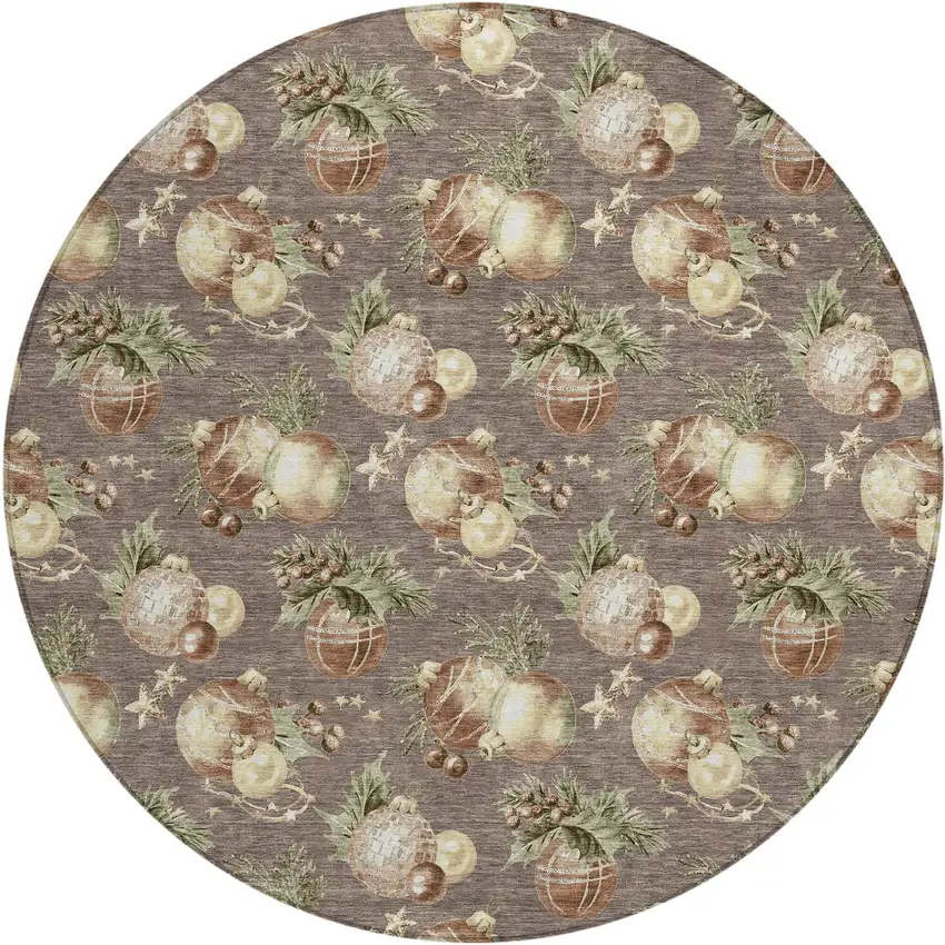 8' Taupe Brown And Beige Round Botanical Leaves Washable Indoor Outdoor Area Rug Photo 1