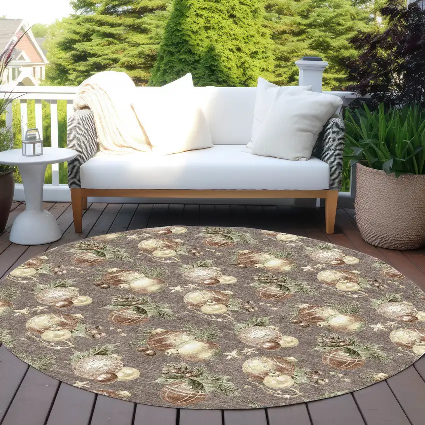 8' Taupe Brown And Beige Round Botanical Leaves Washable Indoor Outdoor Area Rug Photo 5