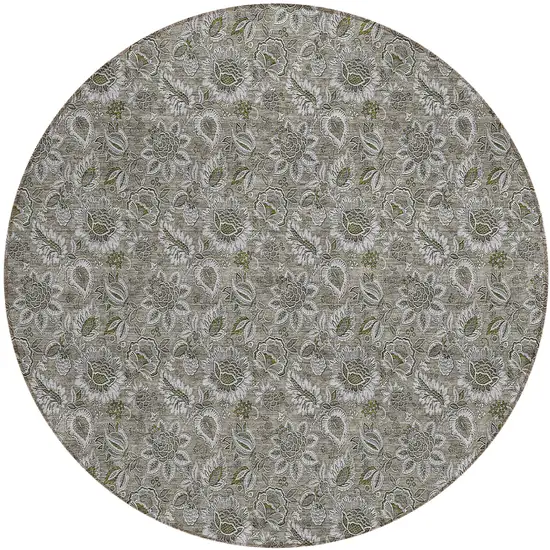 8' Taupe Brown And Beige Round Floral Washable Indoor Outdoor Area Rug Photo 2