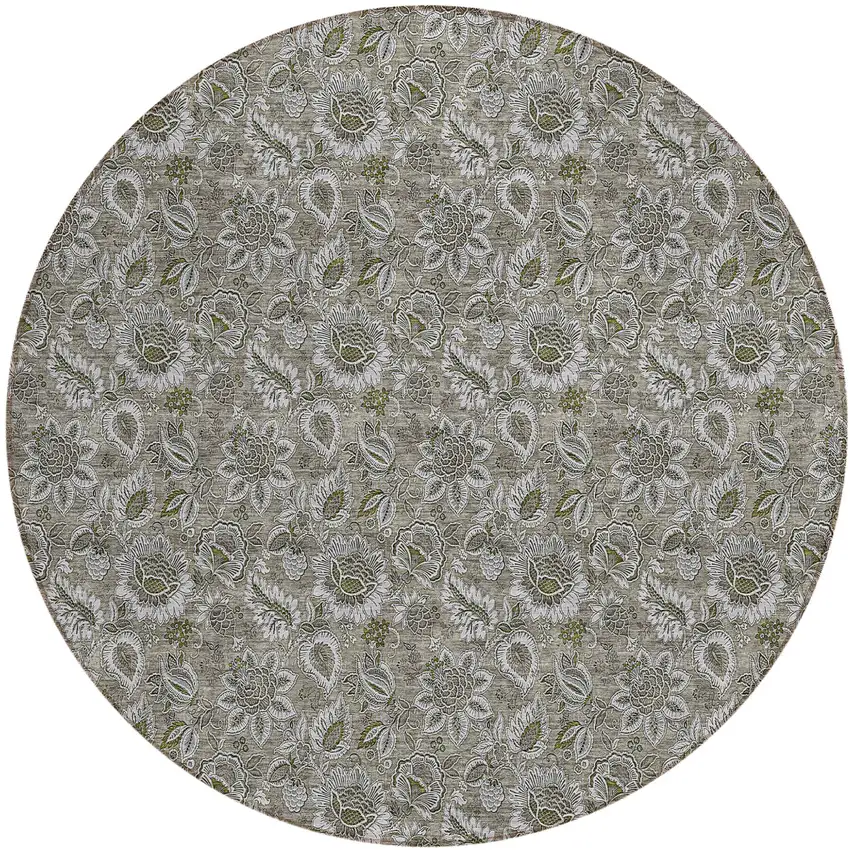 8' Taupe Brown And Beige Round Floral Washable Indoor Outdoor Area Rug Photo 2