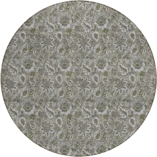 8' Taupe Brown And Beige Round Floral Washable Indoor Outdoor Area Rug Photo 2