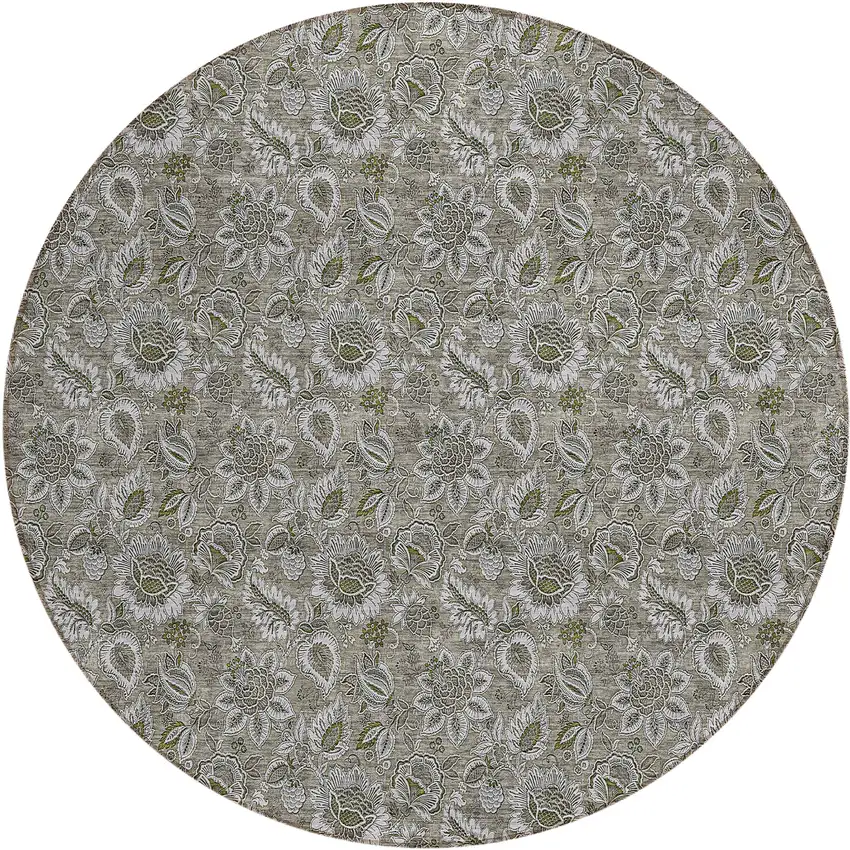 8' Taupe Brown And Beige Round Floral Washable Indoor Outdoor Area Rug Photo 2