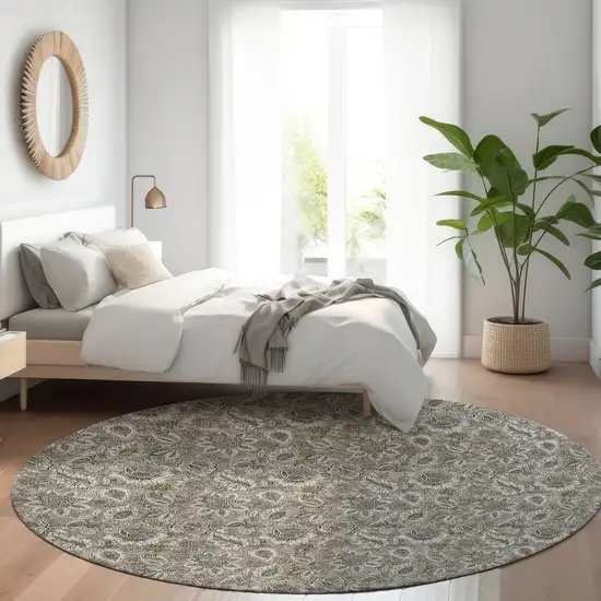 8' Taupe Brown And Beige Round Floral Washable Indoor Outdoor Area Rug Photo 7