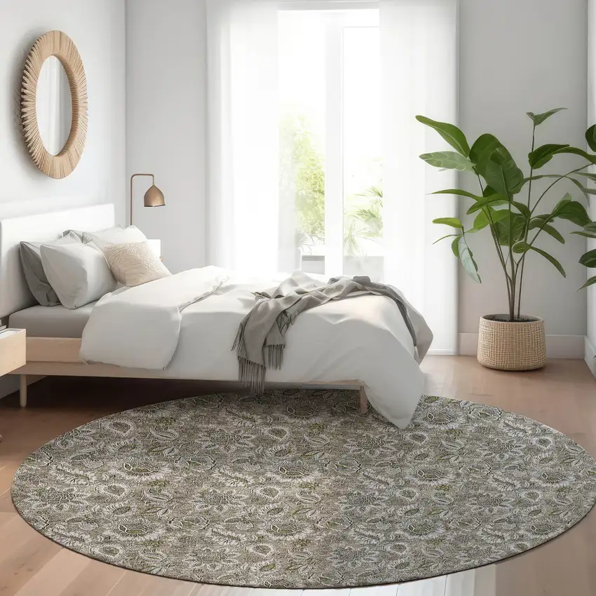 8' Taupe Brown And Beige Round Floral Washable Indoor Outdoor Area Rug Photo 7