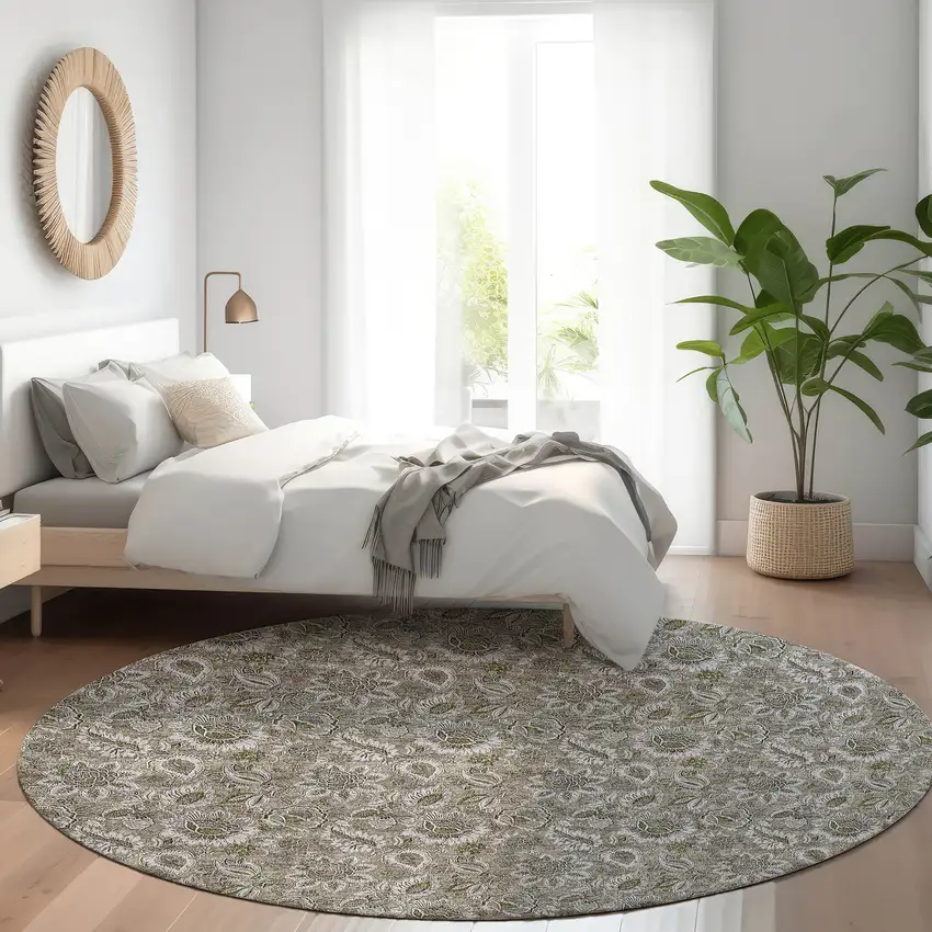 8' Taupe Brown And Beige Round Floral Washable Indoor Outdoor Area Rug Photo 7