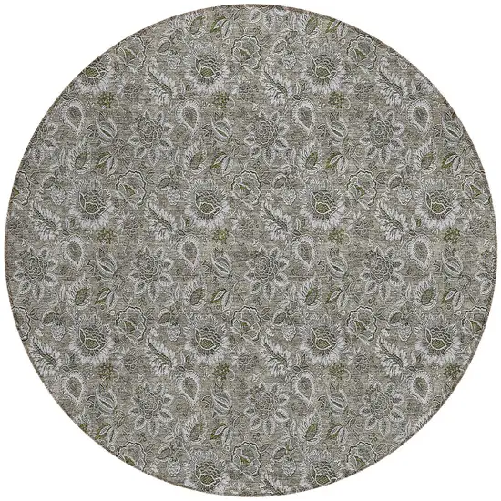 8' Taupe Brown And Beige Round Floral Washable Indoor Outdoor Area Rug Photo 5
