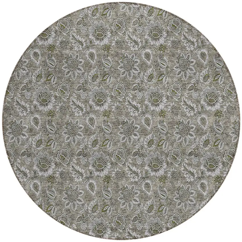 8' Taupe Brown And Beige Round Floral Washable Indoor Outdoor Area Rug Photo 5