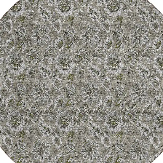 8' Taupe Brown And Beige Round Floral Washable Indoor Outdoor Area Rug Photo 4