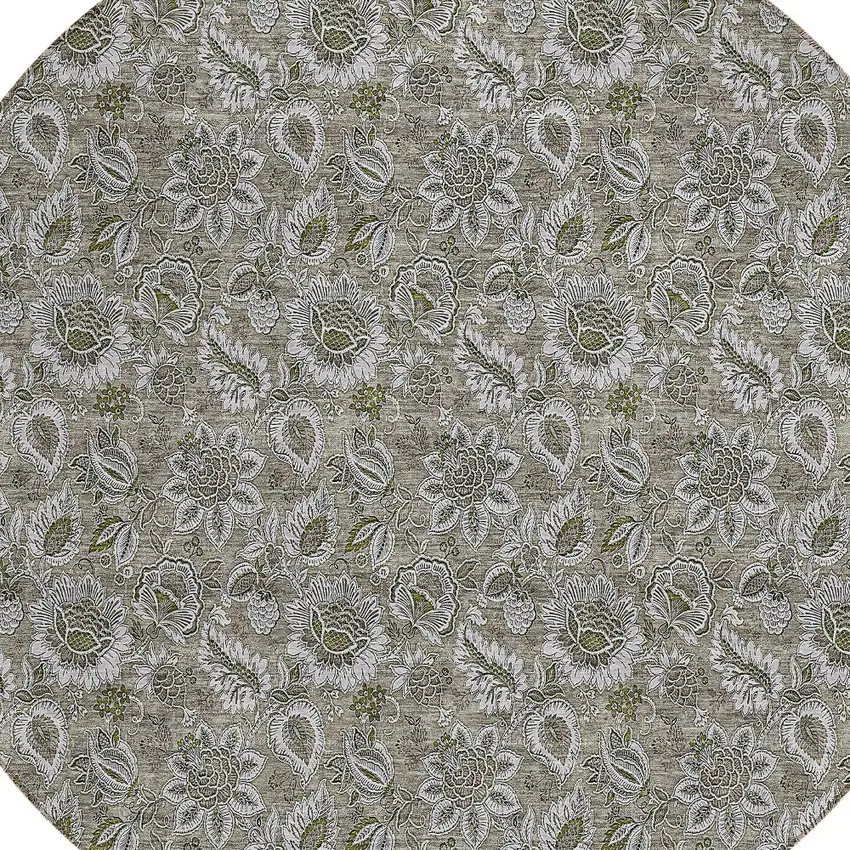 8' Taupe Brown And Beige Round Floral Washable Indoor Outdoor Area Rug Photo 4