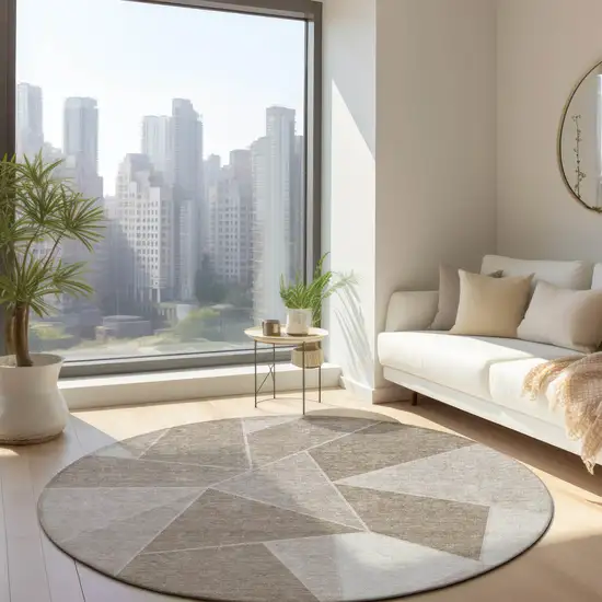 8' Taupe Brown And Beige Round Geometric Washable Indoor Outdoor Area Rug Photo 8