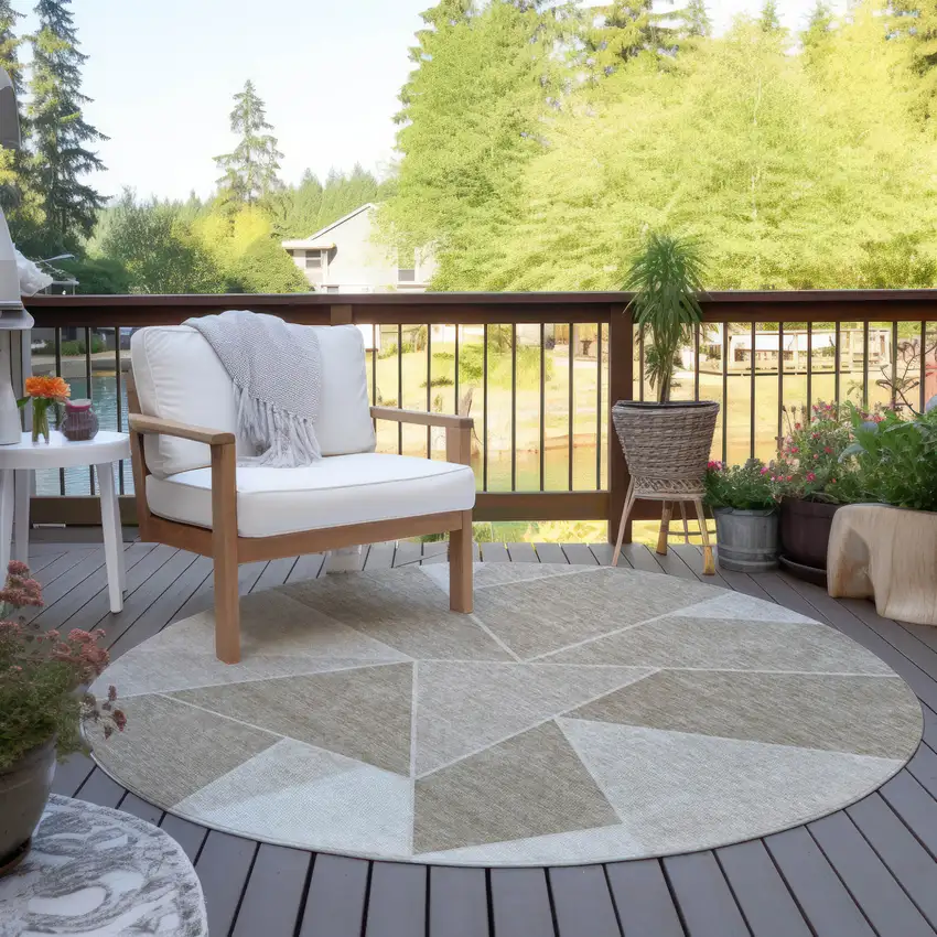 8' Taupe Brown And Beige Round Geometric Washable Indoor Outdoor Area Rug Photo 7
