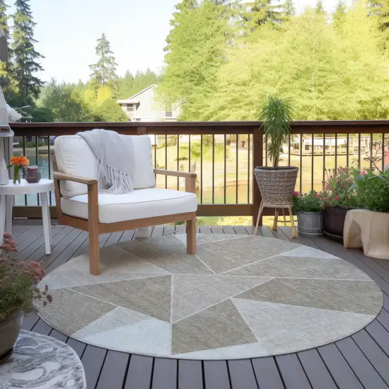 8' Taupe Brown And Beige Round Geometric Washable Indoor Outdoor Area Rug Photo 7