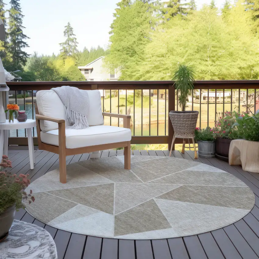 8' Taupe Brown And Beige Round Geometric Washable Indoor Outdoor Area Rug Photo 7