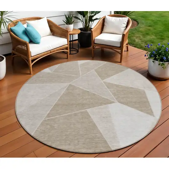 8' Taupe Brown And Beige Round Geometric Washable Indoor Outdoor Area Rug Photo 1