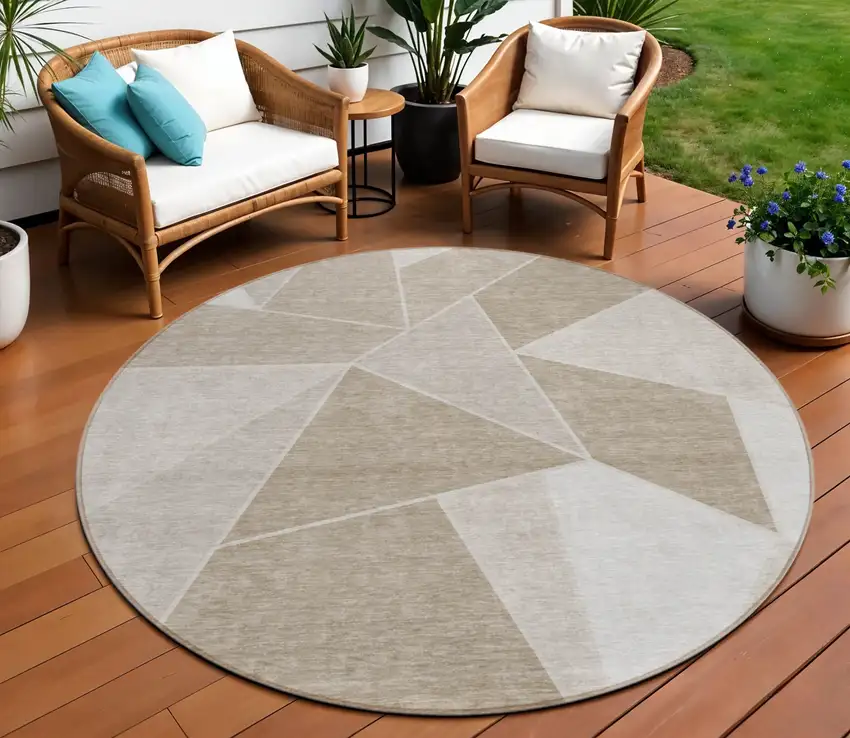 8' Taupe Brown And Beige Round Geometric Washable Indoor Outdoor Area Rug Photo 1