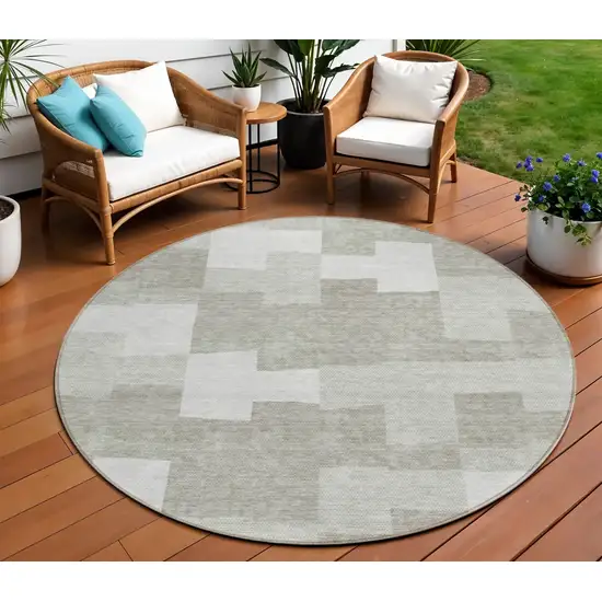 8' Taupe Brown And Beige Round Geometric Washable Indoor Outdoor Area Rug Photo 1