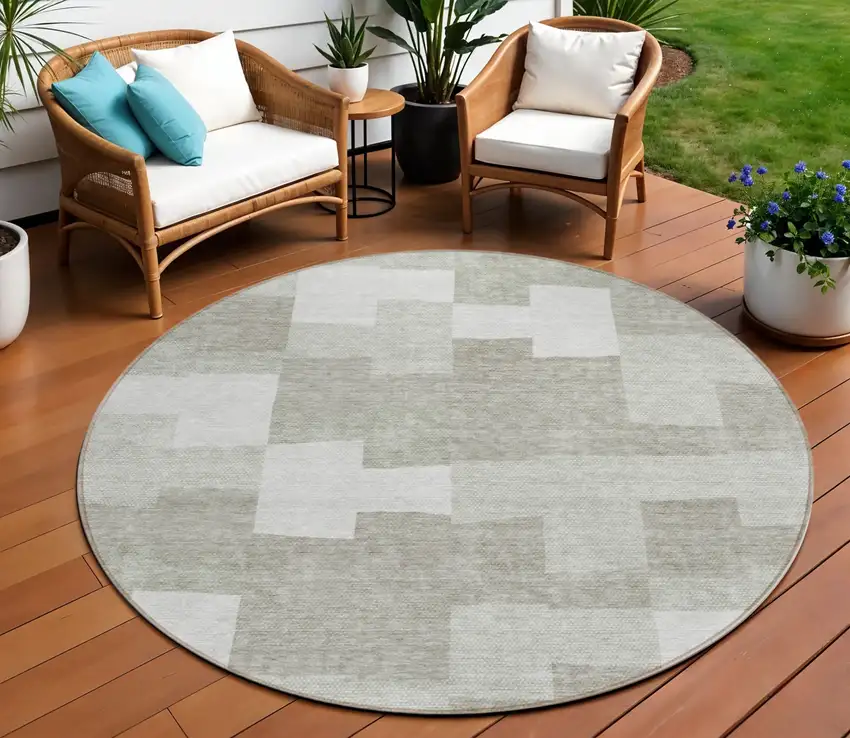 8' Taupe Brown And Beige Round Geometric Washable Indoor Outdoor Area Rug Photo 1