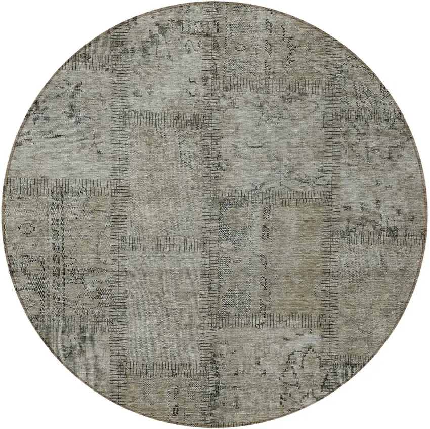 8' Taupe Brown And Beige Round Patchwork Washable Indoor Outdoor Area Rug Photo 5