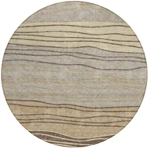 Photo of 8' Taupe Brown And Beige Round Striped Washable Indoor Outdoor Area Rug