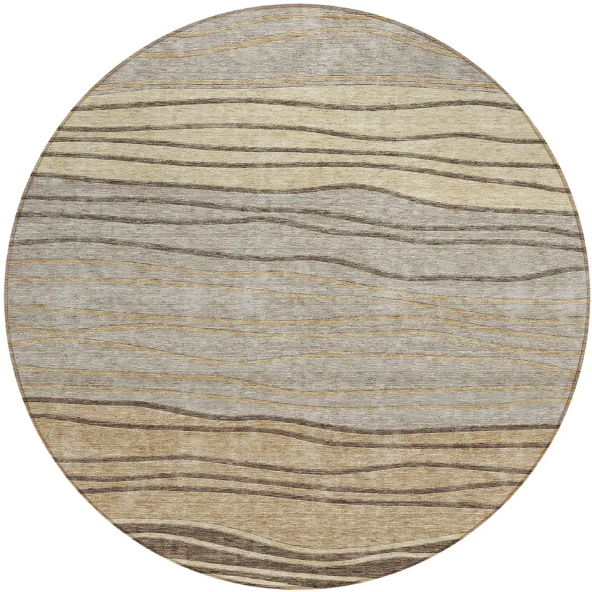 8' Taupe Brown And Beige Round Striped Washable Indoor Outdoor Area Rug Photo 1