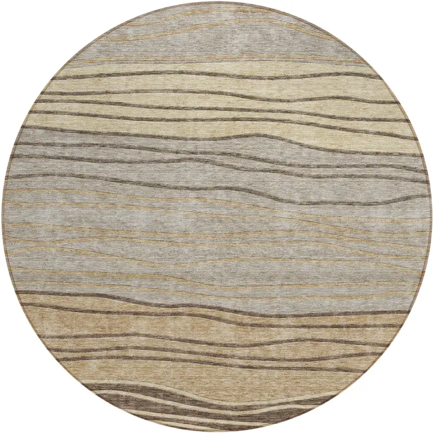 8' Taupe Brown And Beige Round Striped Washable Indoor Outdoor Area Rug Photo 1